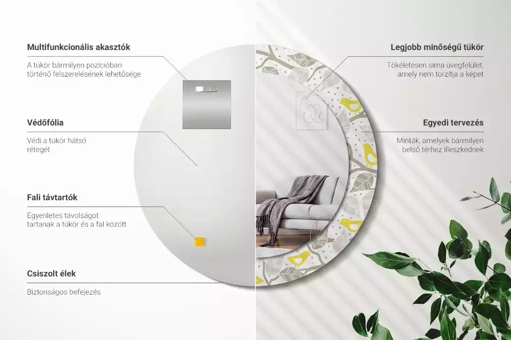 Oglindă rotundă ramă cu imprimeu Păsări galbene pe ramuri