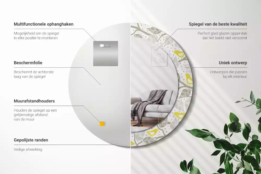 Oglindă rotundă ramă cu imprimeu Păsări galbene pe ramuri