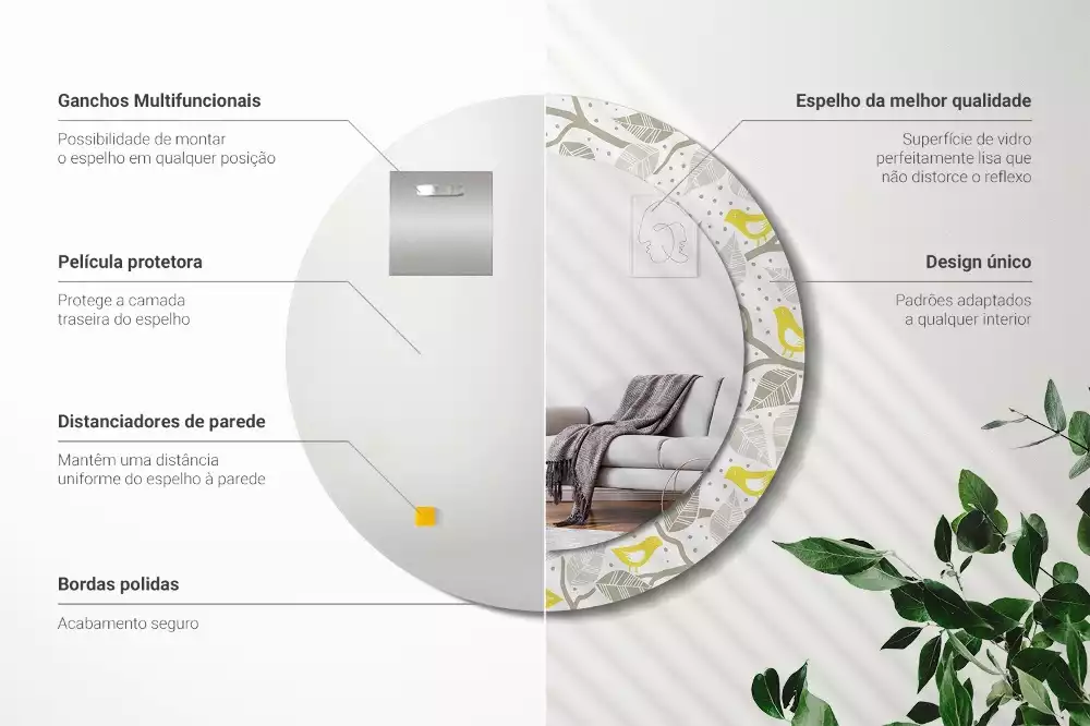 Oglindă rotundă ramă cu imprimeu Păsări galbene pe ramuri