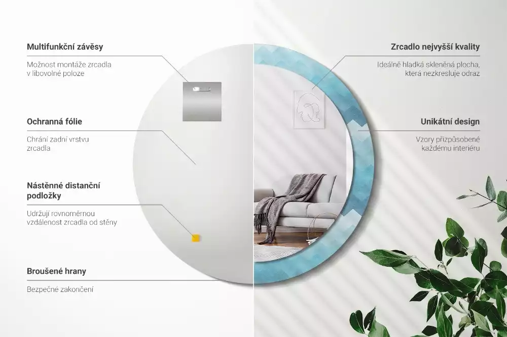 Oglindă cu decor rotundă Chevron albastru