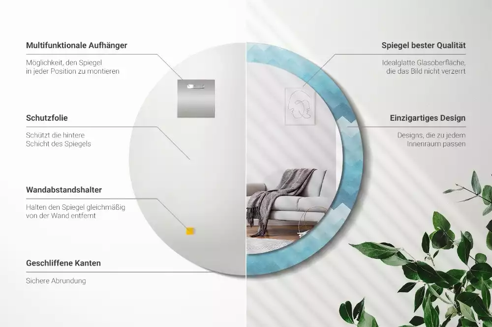 Oglindă cu decor rotundă Chevron albastru