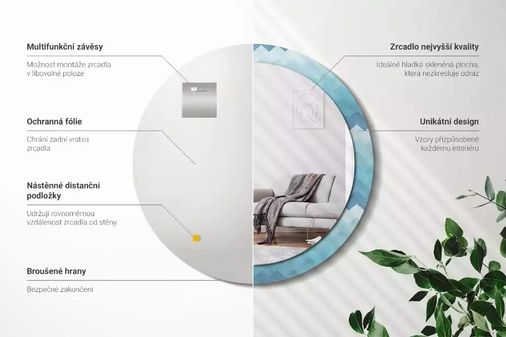 Oglindă cu decor rotundă Chevron albastru