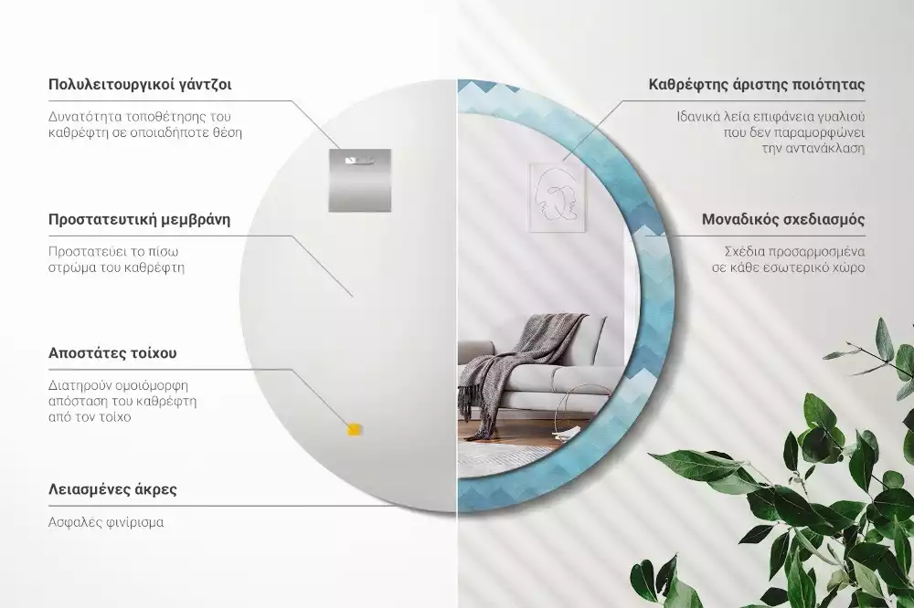 Oglindă cu decor rotundă Chevron albastru