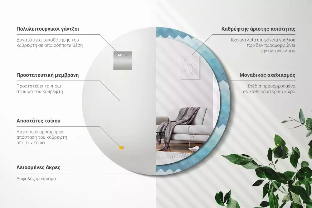 Oglindă cu decor rotundă Chevron albastru