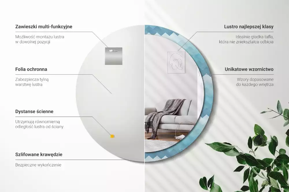 Oglindă cu decor rotundă Chevron albastru