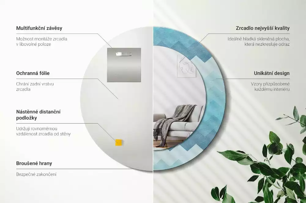 Oglindă cu decor rotundă Chevron albastru