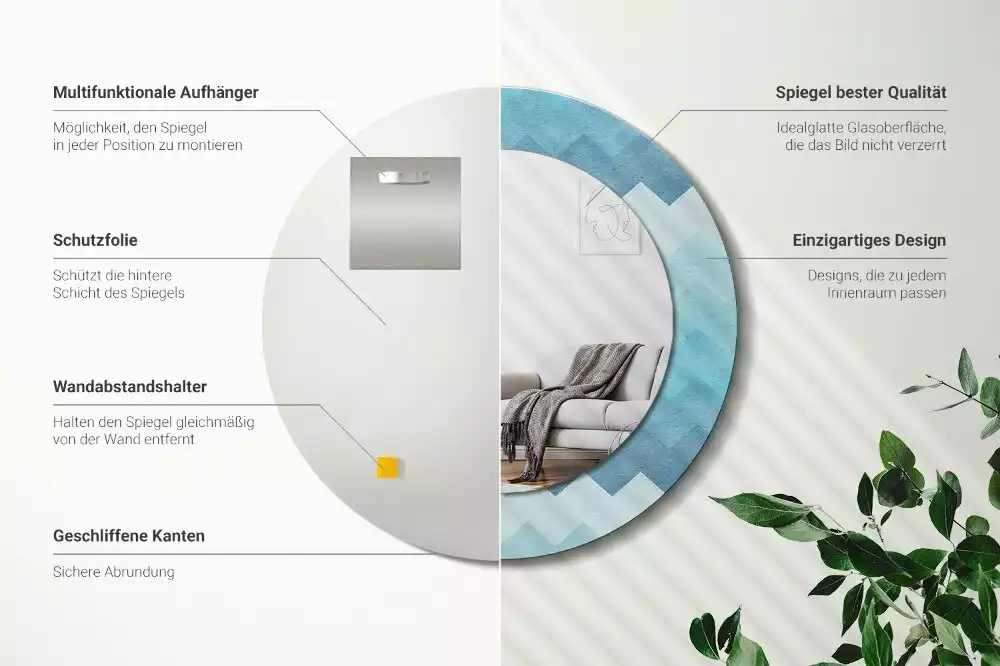Oglindă cu decor rotundă Chevron albastru