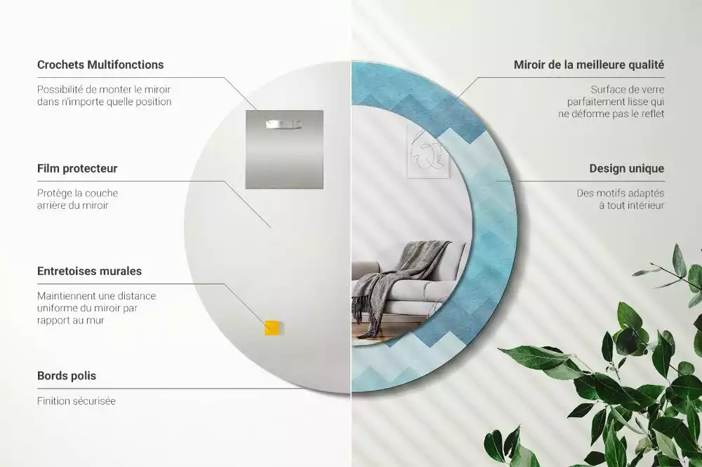Oglindă cu decor rotundă Chevron albastru
