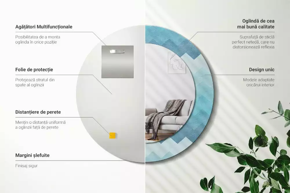 Oglindă cu decor rotundă Chevron albastru