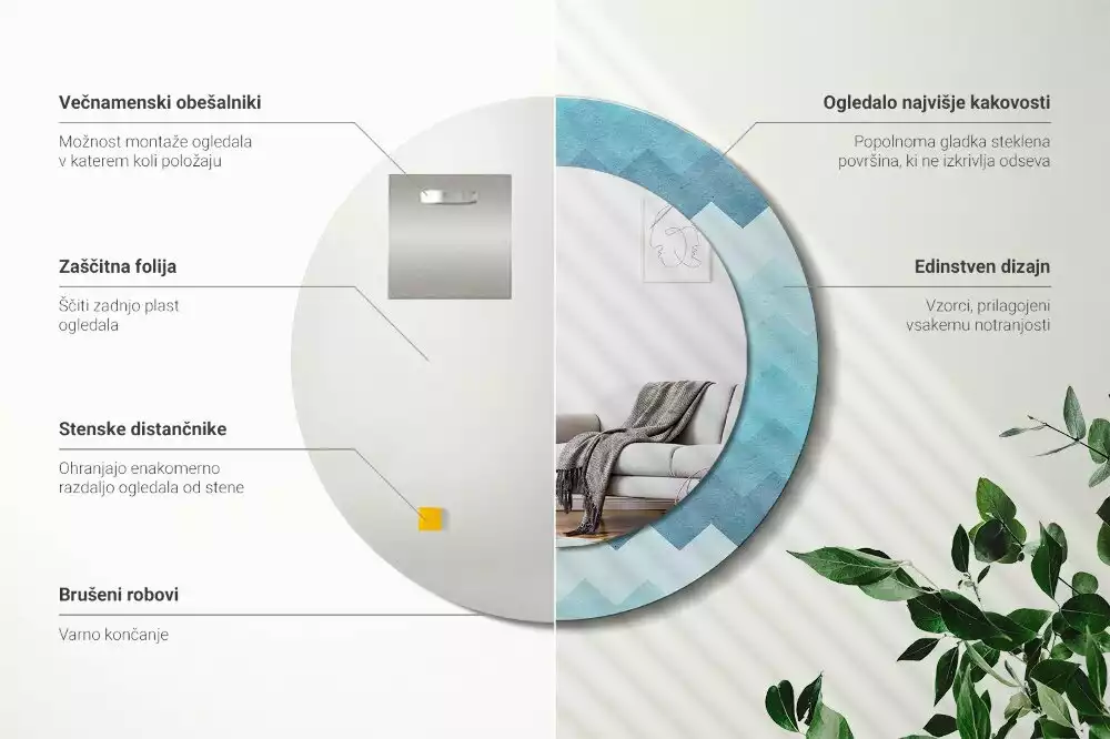 Oglindă cu decor rotundă Chevron albastru