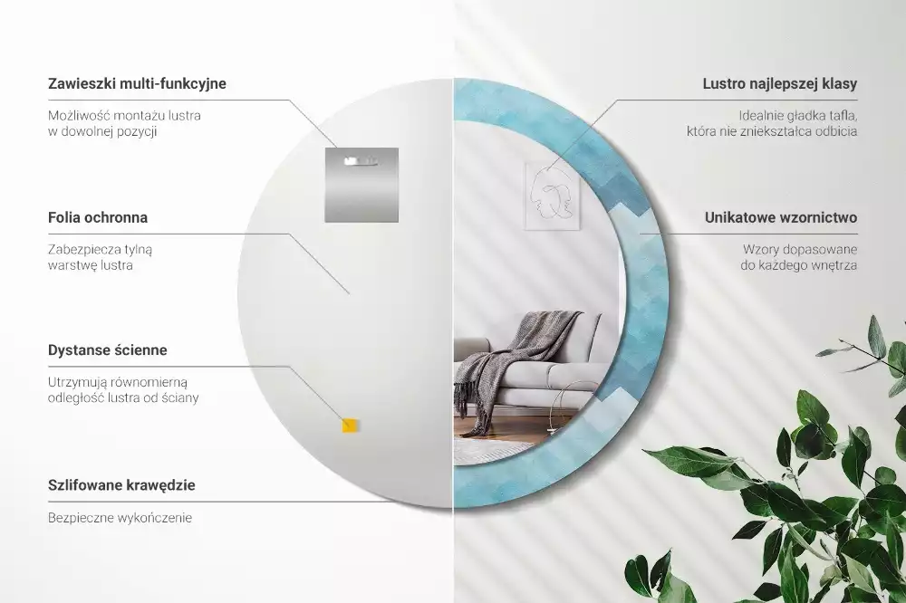 Oglindă cu decor rotundă Chevron albastru