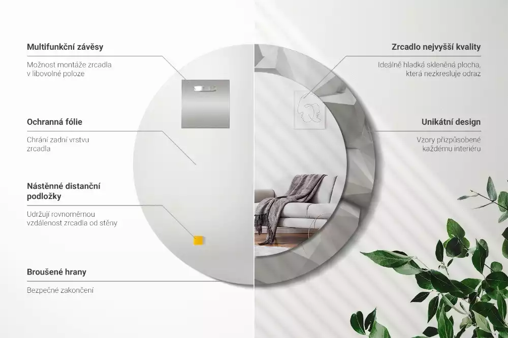 Oglindă rotundă imprimată Cristal alb abstract