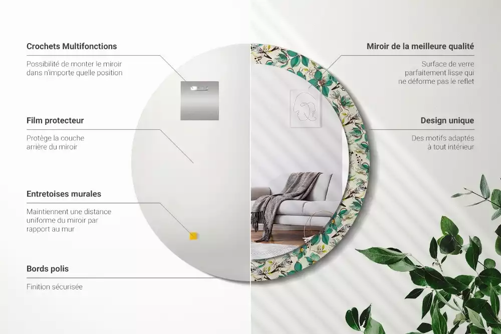 Oglindă cu decor rotundă Flori și păsări