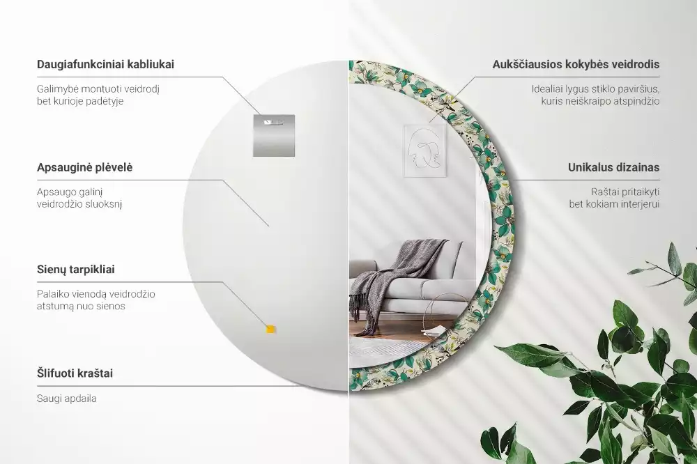 Oglindă cu decor rotundă Flori și păsări