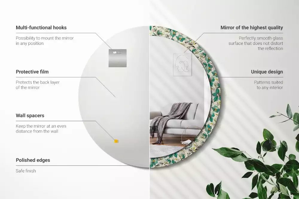 Oglindă cu decor rotundă Flori și păsări