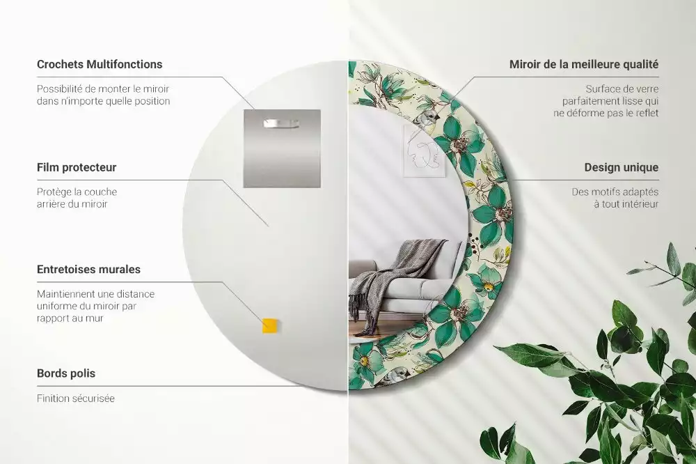 Oglindă cu decor rotundă Flori și păsări