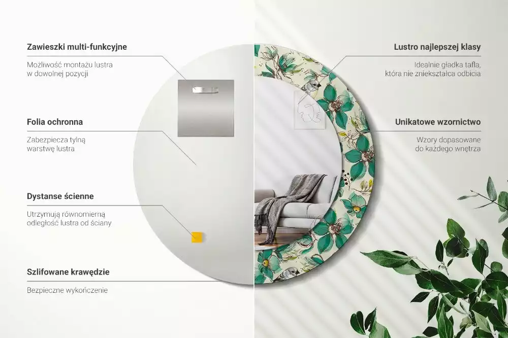 Oglindă cu decor rotundă Flori și păsări