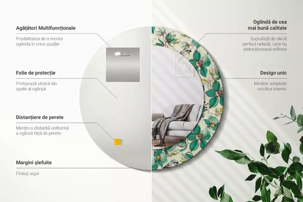 Oglindă cu decor rotundă Flori și păsări
