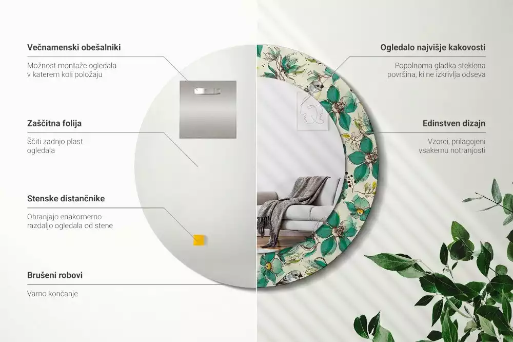 Oglindă cu decor rotundă Flori și păsări