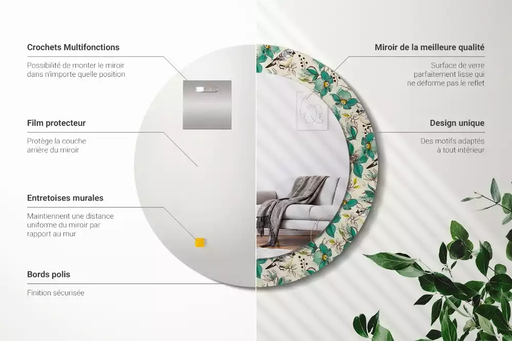 Oglindă cu decor rotundă Flori și păsări