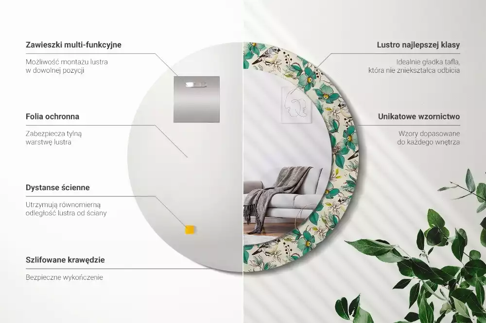 Oglindă cu decor rotundă Flori și păsări