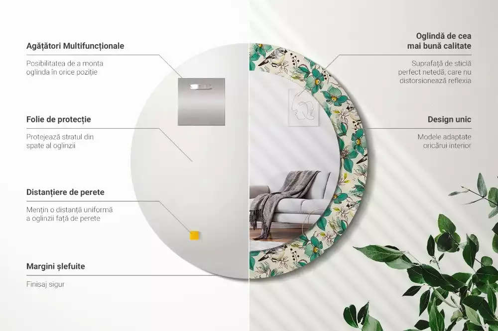 Oglindă cu decor rotundă Flori și păsări