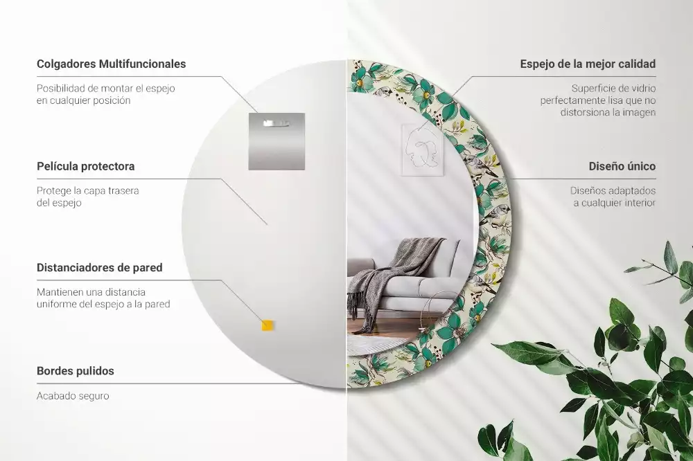 Oglindă cu decor rotundă Flori și păsări