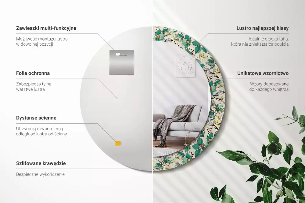 Oglindă cu decor rotundă Flori și păsări