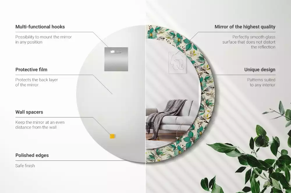 Oglindă cu decor rotundă Flori și păsări