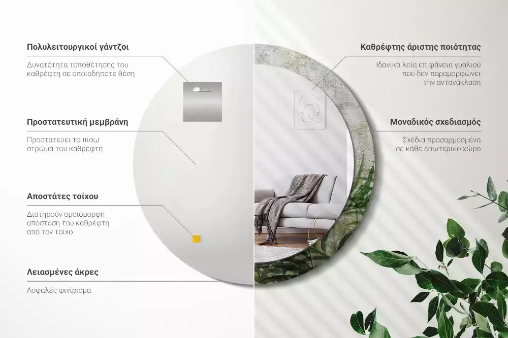 Oglindă cu decor rotundă Frunze de ferigă