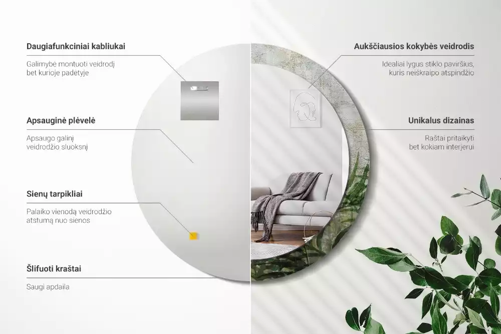 Oglindă cu decor rotundă Frunze de ferigă