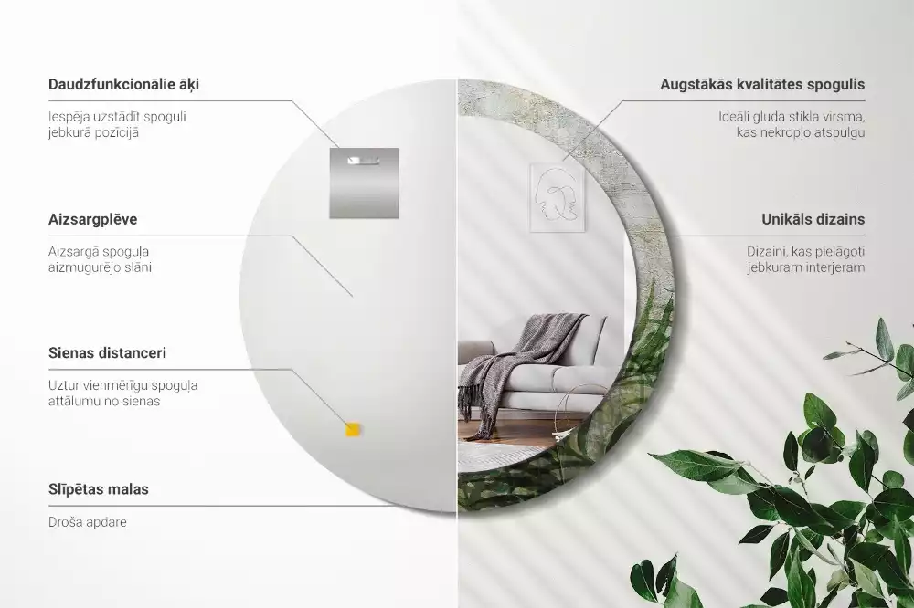 Oglindă cu decor rotundă Frunze de ferigă