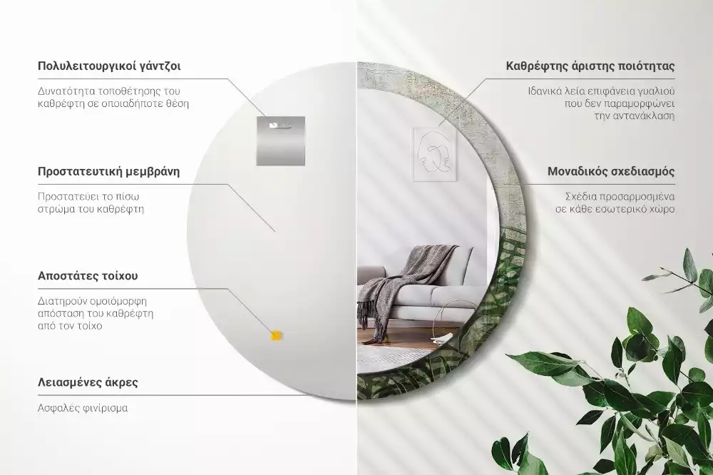 Oglindă cu decor rotundă Frunze de ferigă