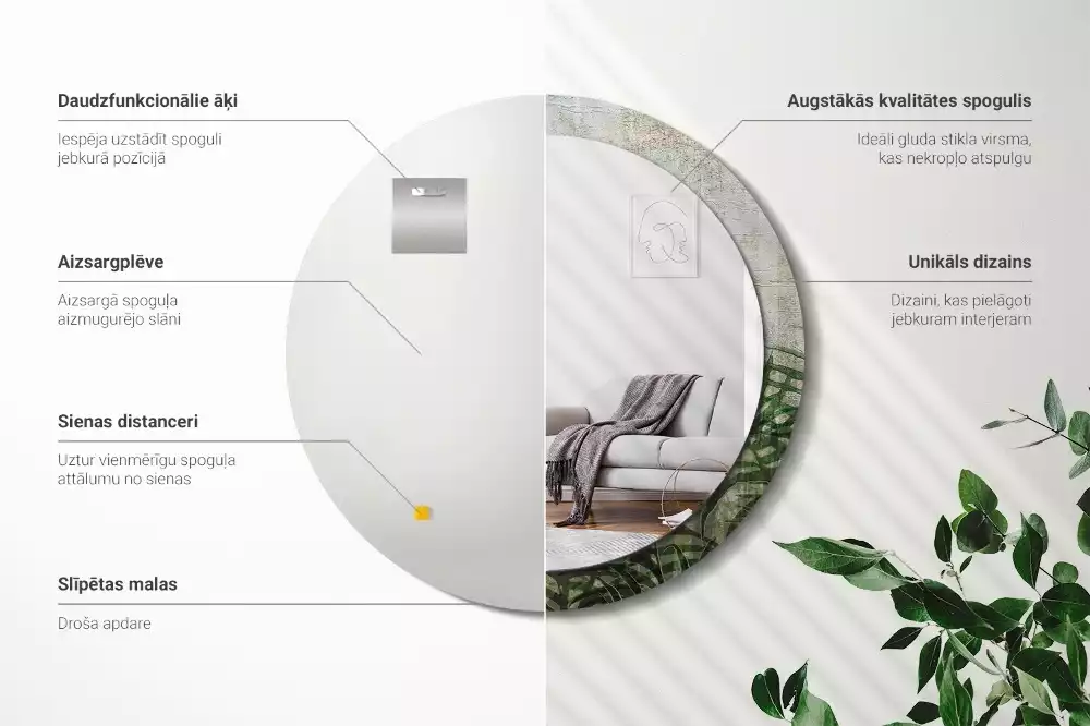 Oglindă cu decor rotundă Frunze de ferigă