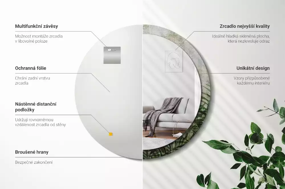 Oglindă cu decor rotundă Frunze de ferigă