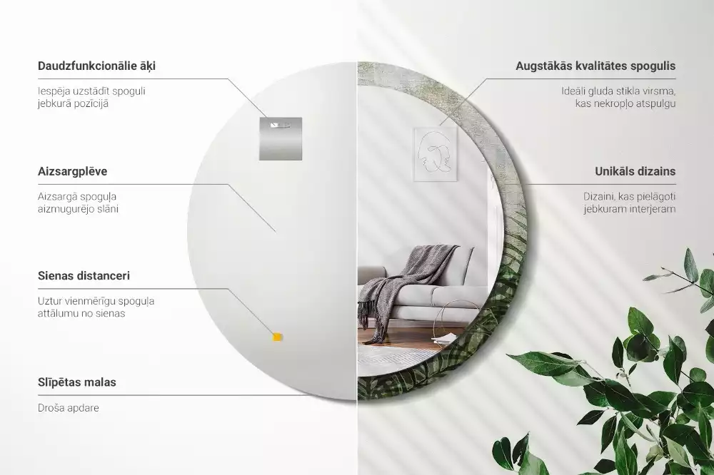 Oglindă cu decor rotundă Frunze de ferigă