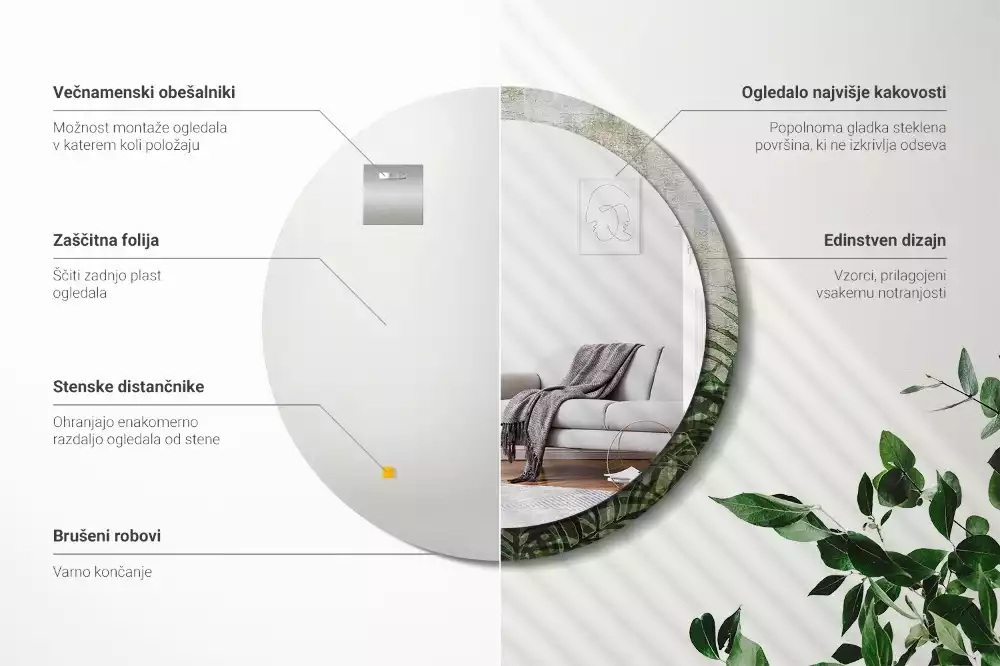 Oglindă cu decor rotundă Frunze de ferigă