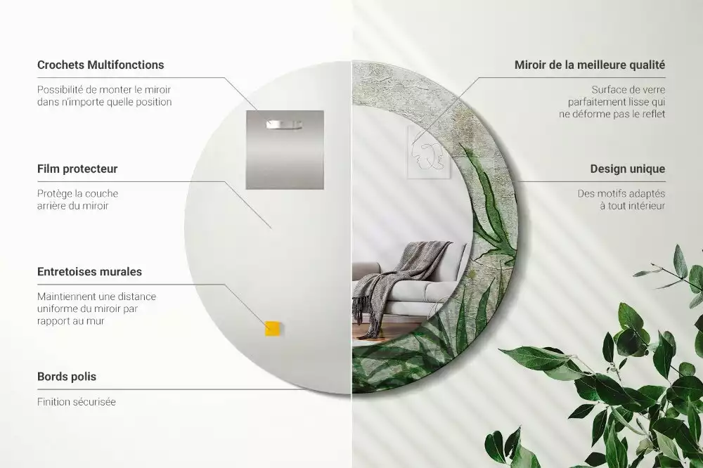Oglindă cu decor rotundă Frunze de ferigă