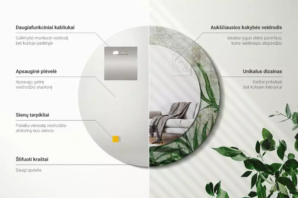 Oglindă cu decor rotundă Frunze de ferigă