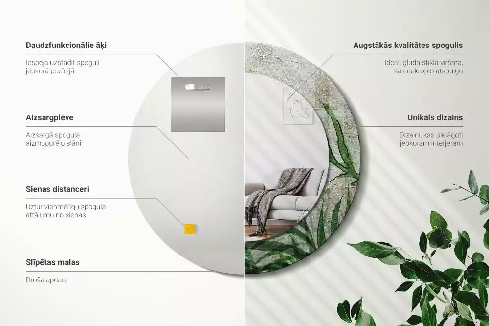 Oglindă cu decor rotundă Frunze de ferigă