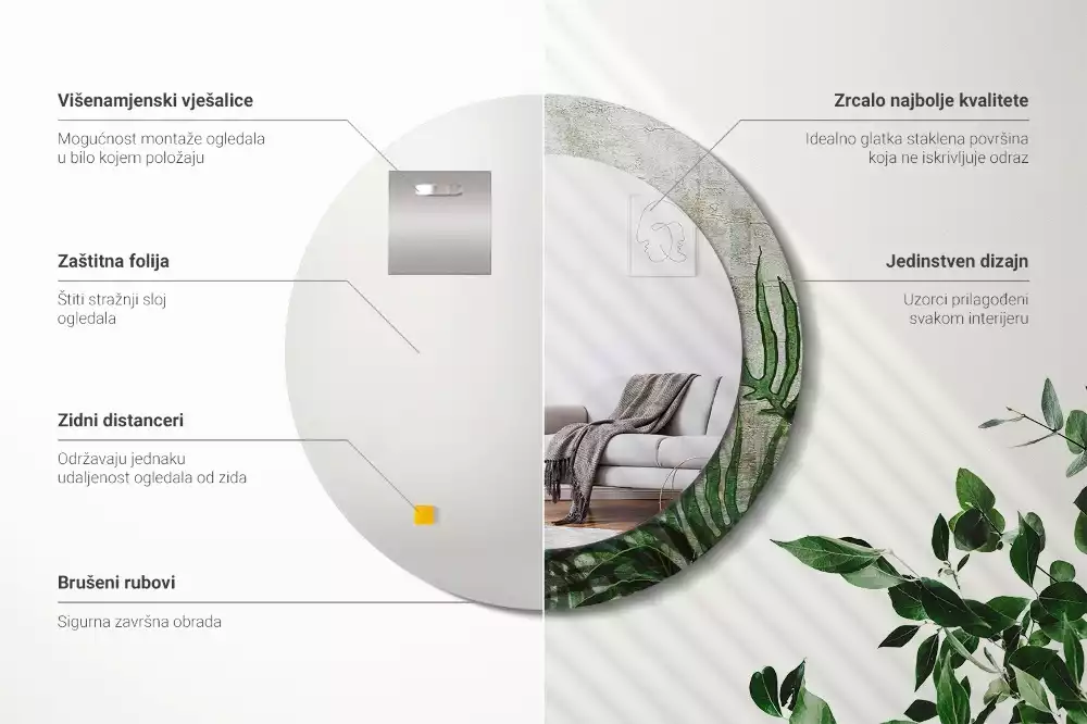 Oglindă cu decor rotundă Frunze de ferigă