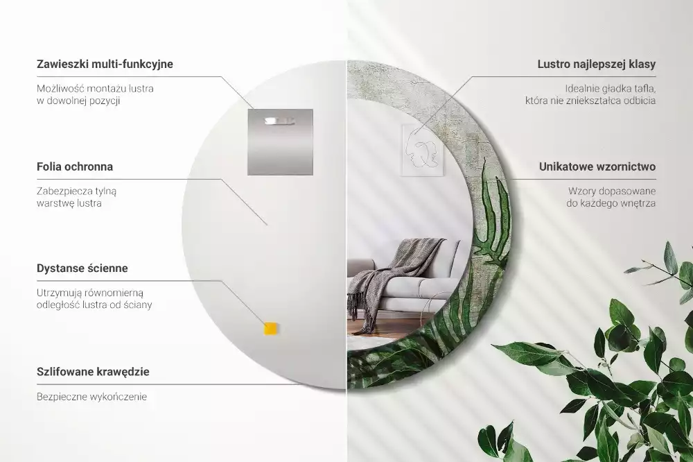 Oglindă cu decor rotundă Frunze de ferigă