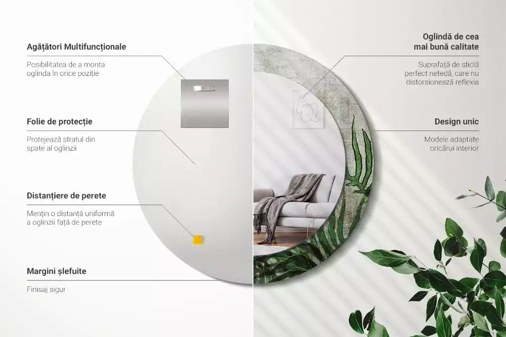 Oglindă cu decor rotundă Frunze de ferigă