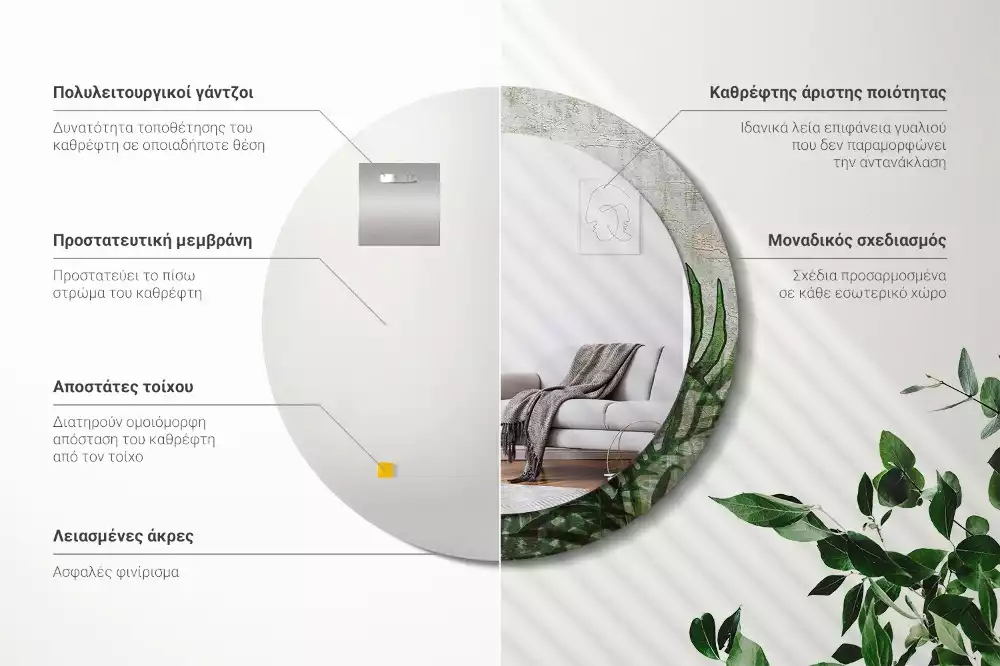 Oglindă cu decor rotundă Frunze de ferigă