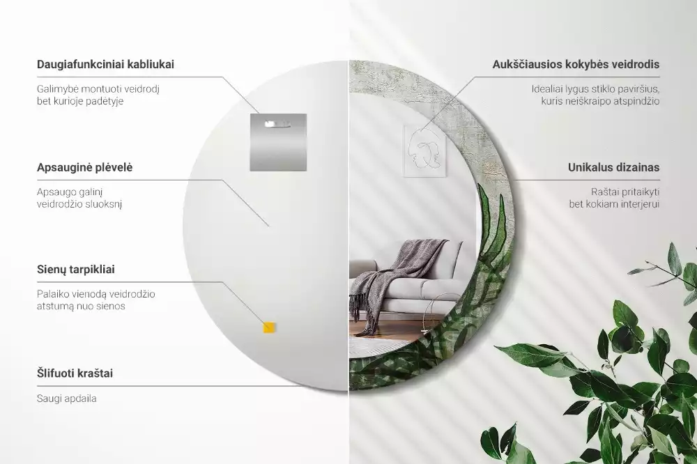 Oglindă cu decor rotundă Frunze de ferigă