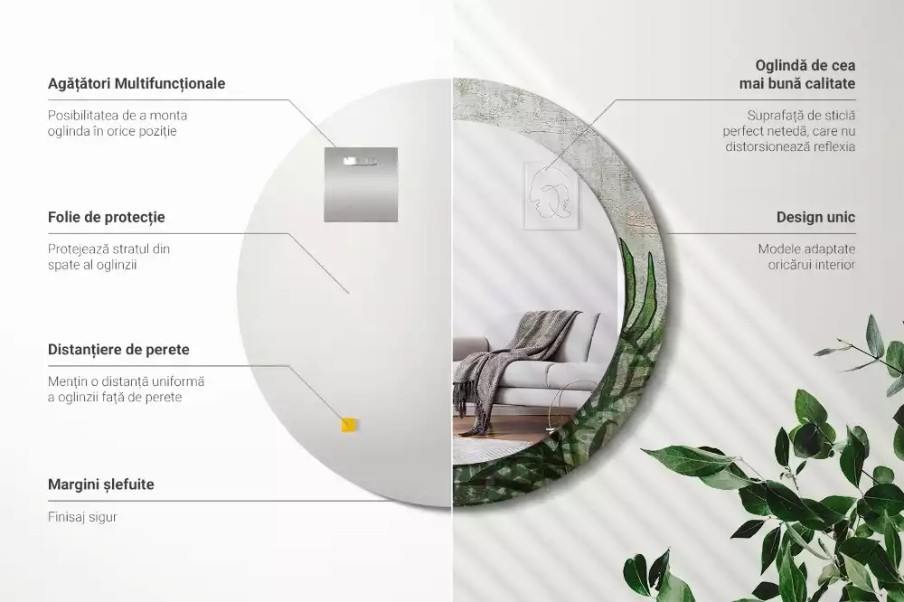 Oglindă cu decor rotundă Frunze de ferigă