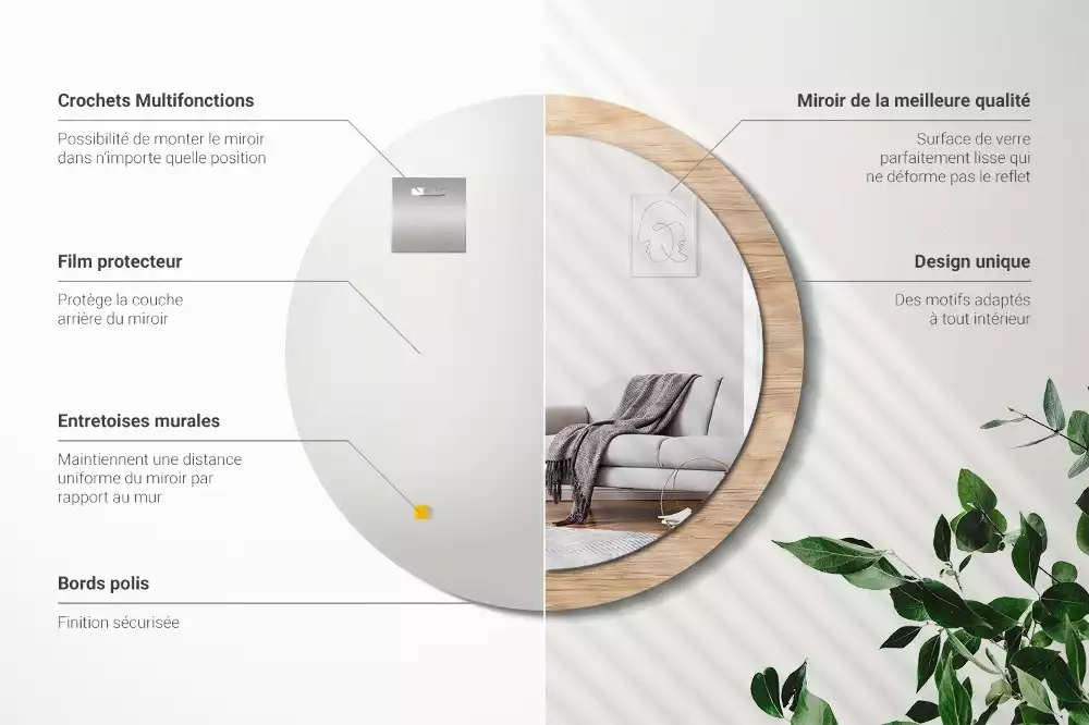 Oglindă rotundă imprimată Lemn