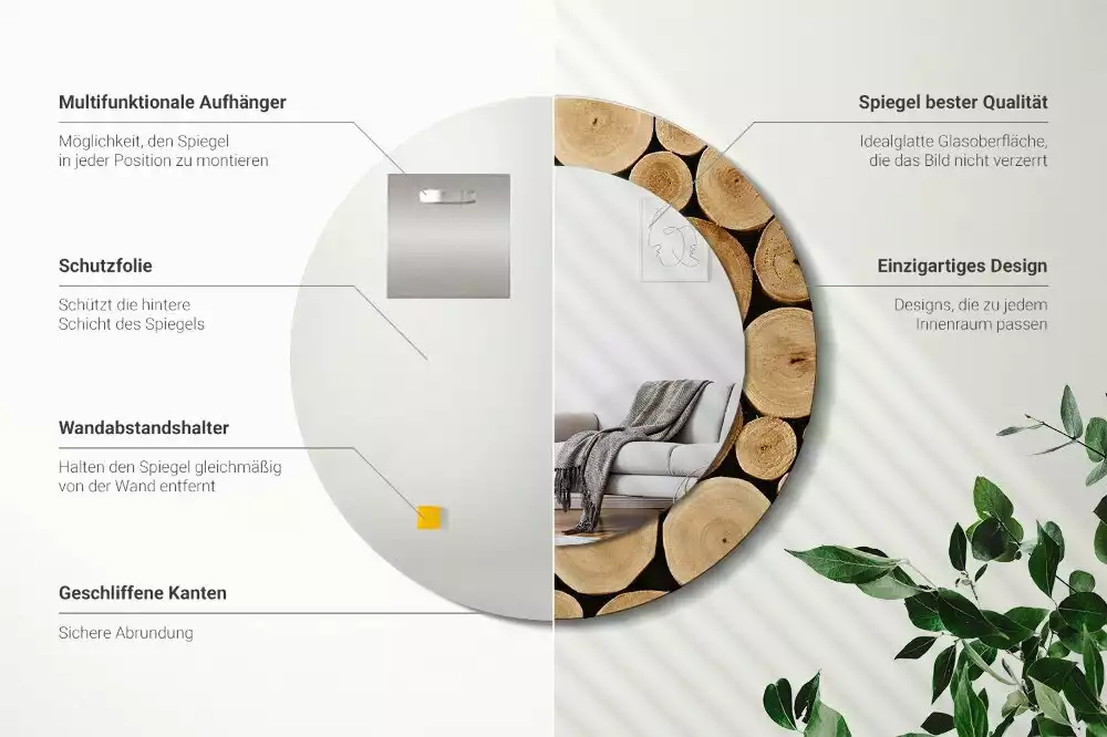 Oglindă rotundă imprimată Bucăți de lemn