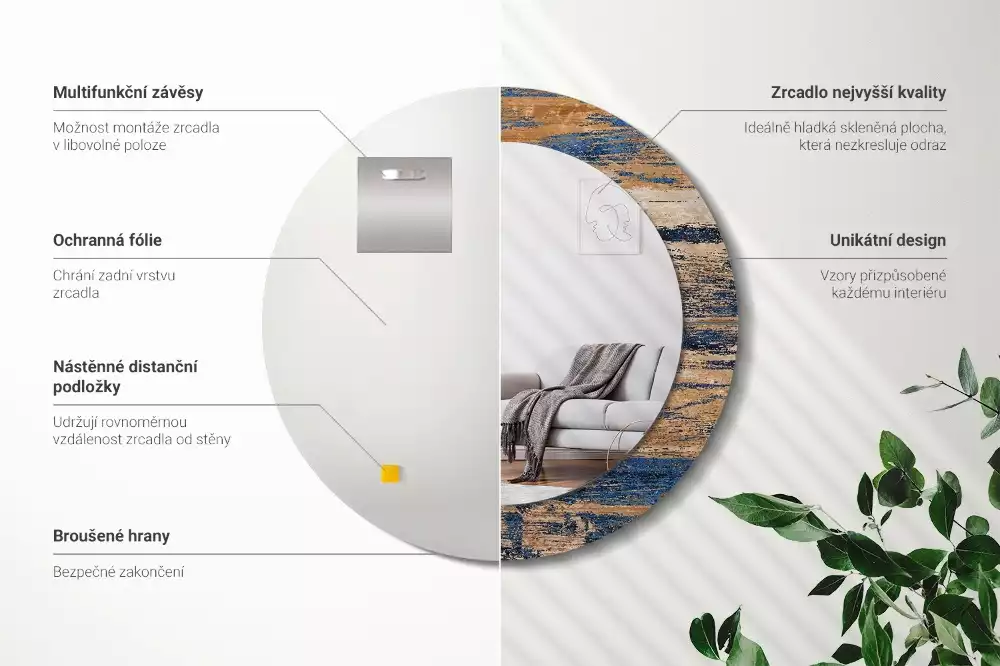 Oglindă rotundă imprimată Lemn abstract