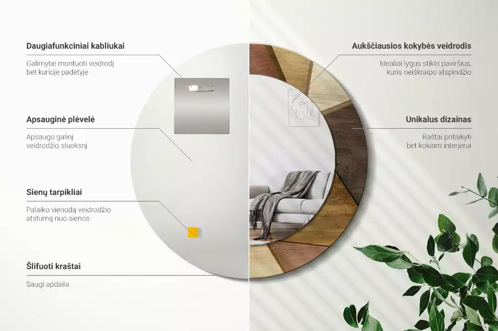 Oglindă rotundă imprimată Lemn geometric 3D